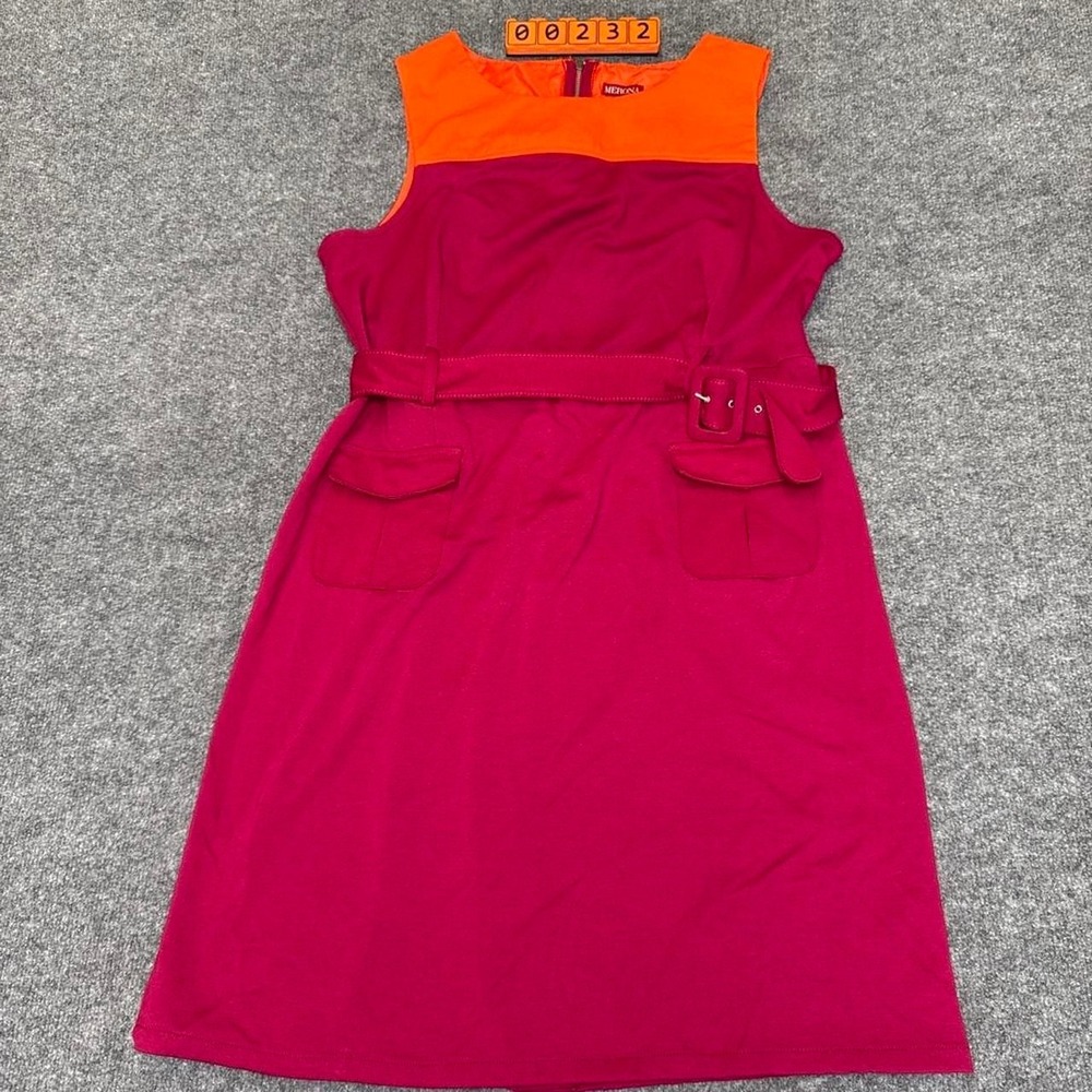 Merona pink/orange color-blocked dress with belt and pockets, size 16.